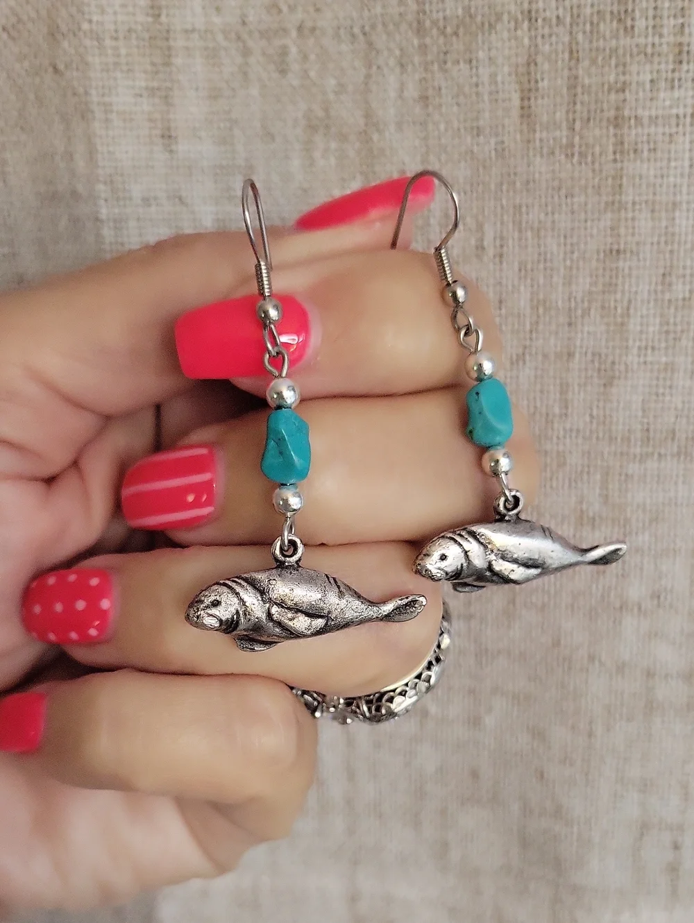Vintage Manatee Dangle Earrings with Turquoise Howlite Beads